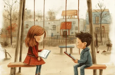 small girl and boy illustration