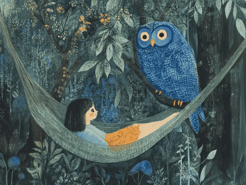 girl and a blue owl